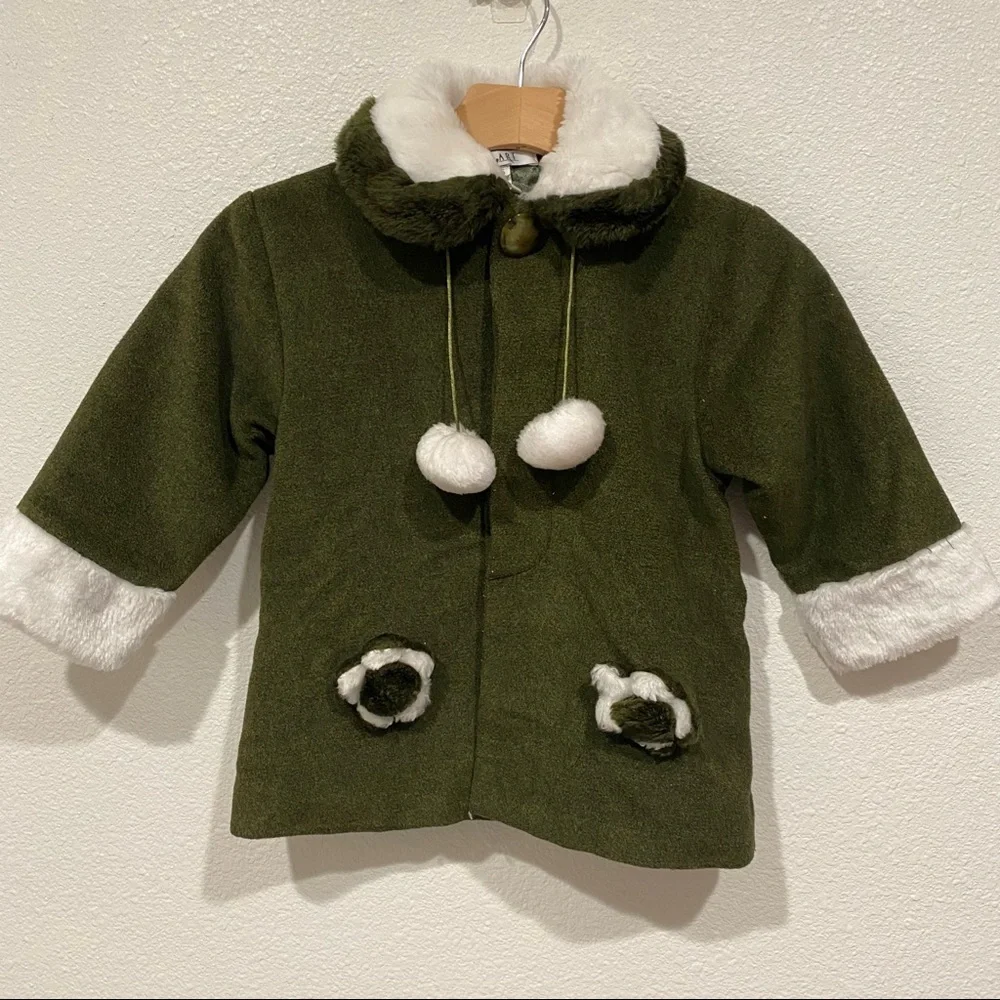 Kids Be Art Girls Green White Faux Fur Jacket Coat Size 5